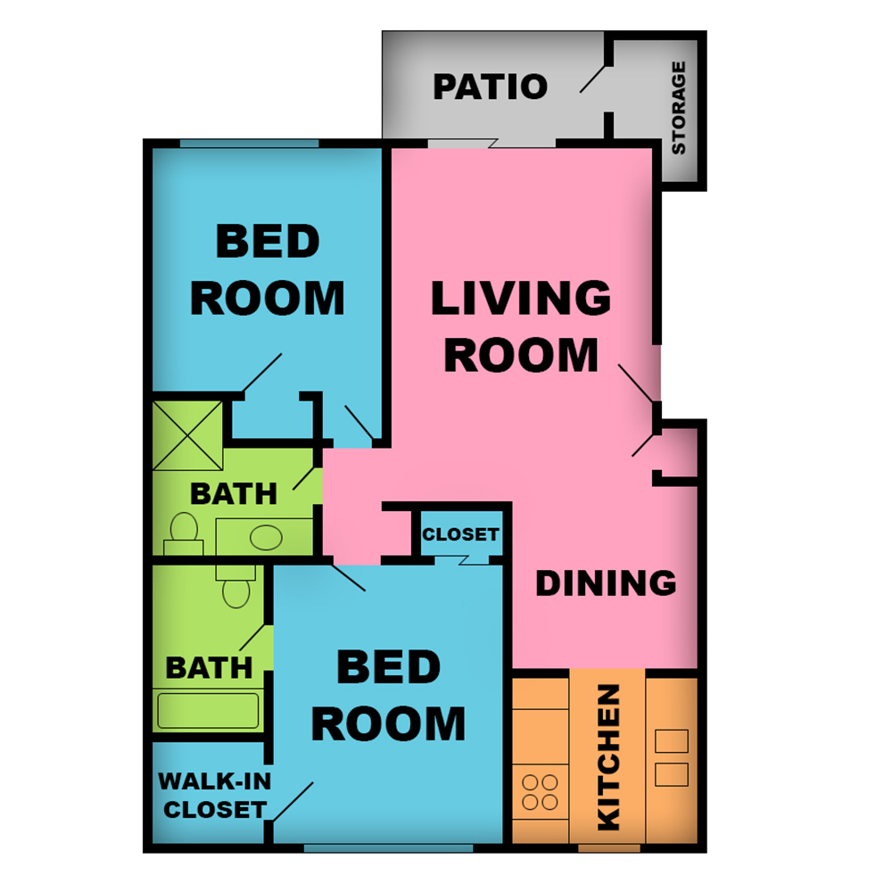 This image is the visual schematic floorplan representation of Plan B at Hacienda Gardens Apartments.